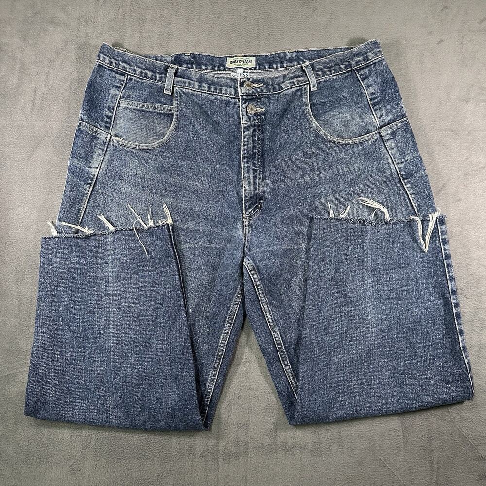 GUESS Jeans Blue Denim Men’s 40x26 USA Vintage 90s Distressed Raw Hem